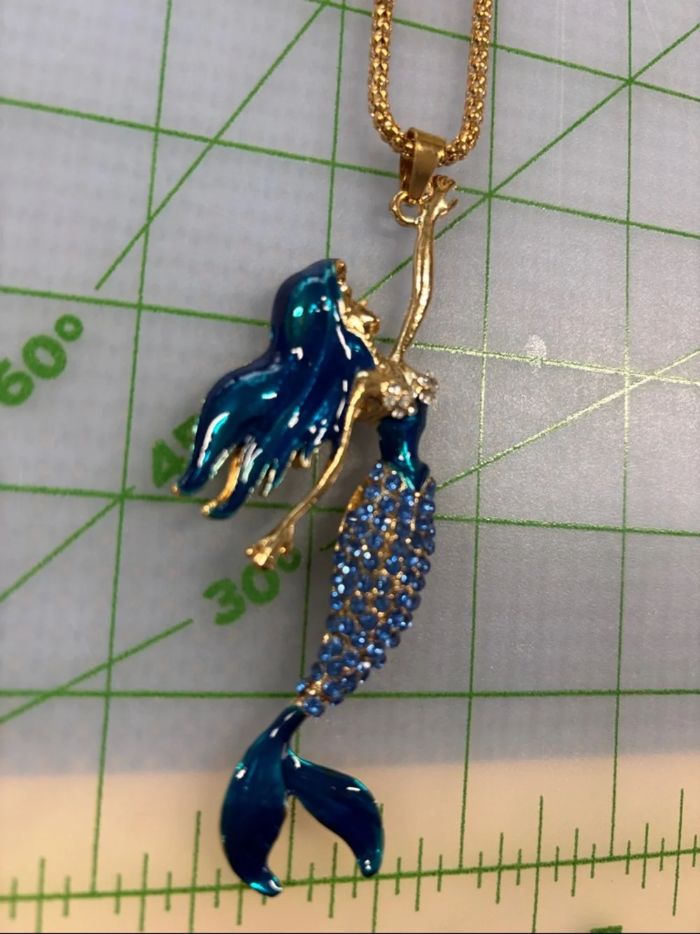 Gold-Tone Mermaid Pendant Necklace with Blue Enamel and Sparkling Accents